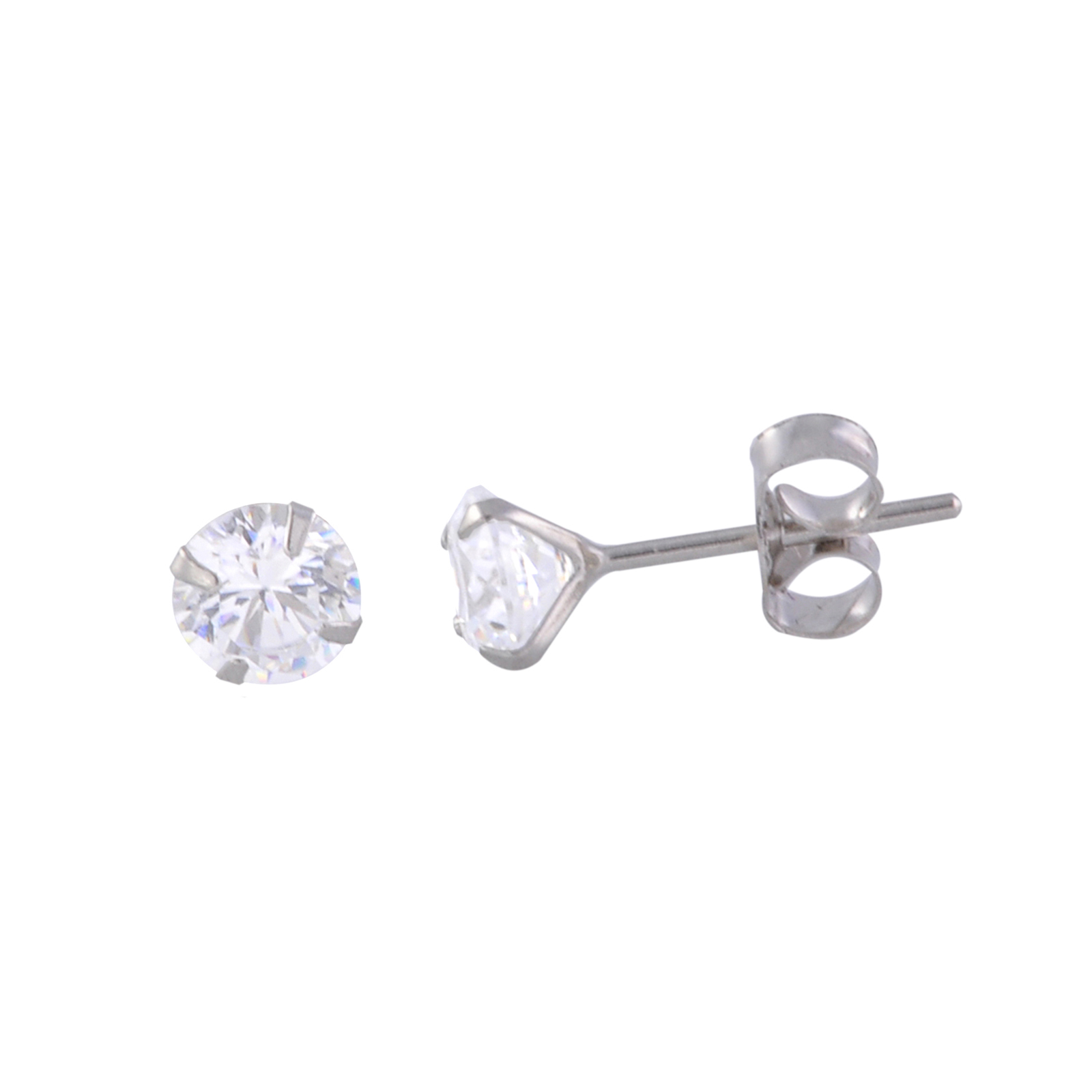 14k White Gold Stud Earrings Round Clear CZ Prong Setting Pushbacks
