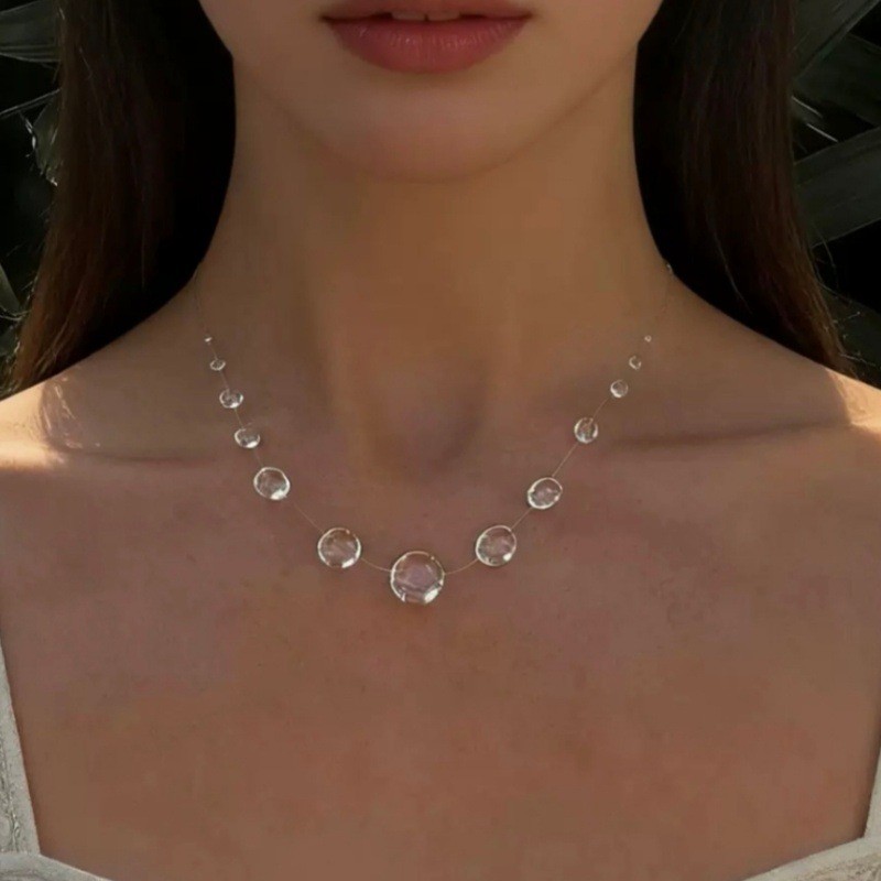 Clear Dew Drop Necklace Simple Lariat Chain Minimalist Glass Pendant Choker