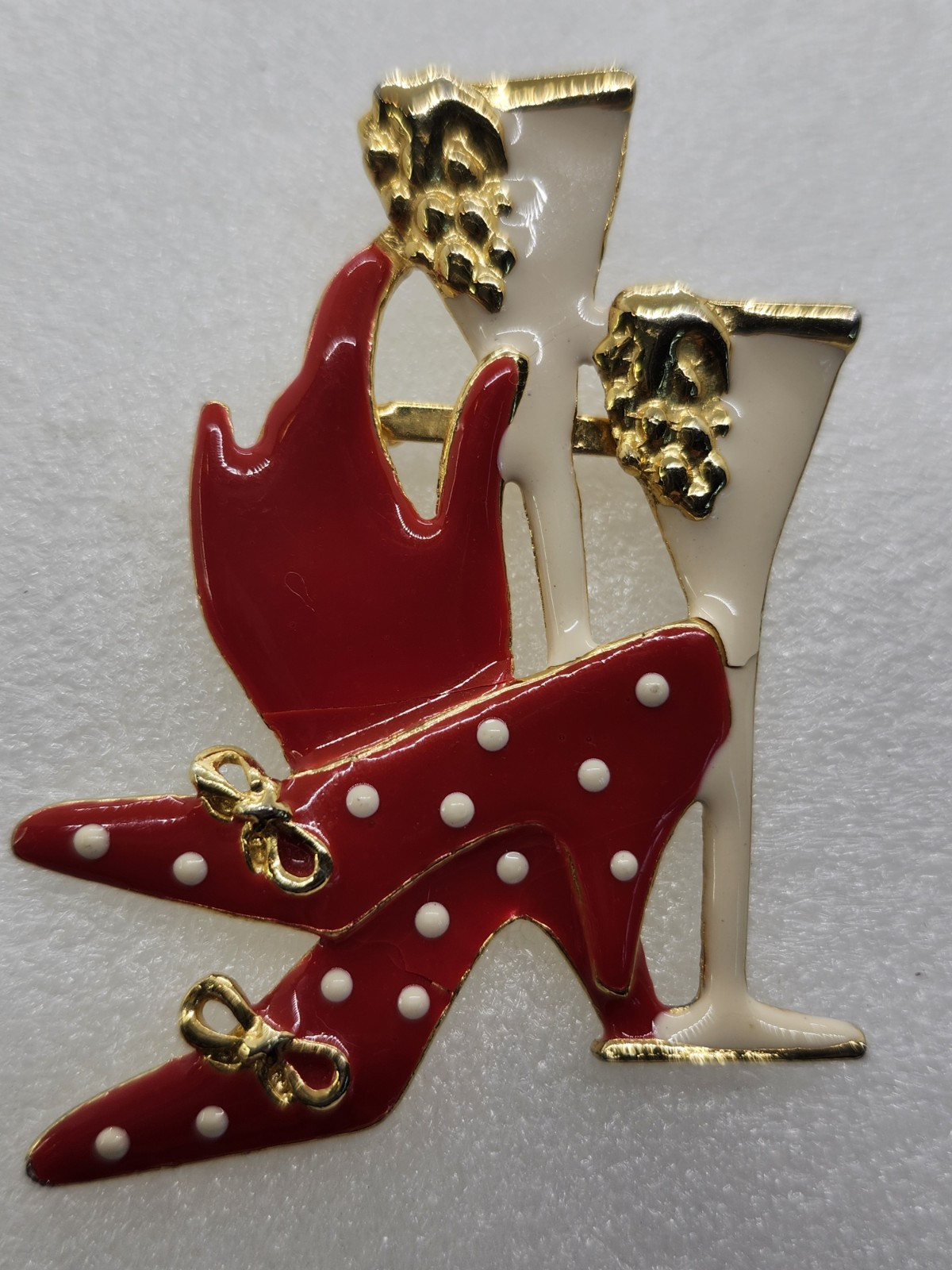 Polka Dot High Heels Champagne Glasses Gloves, Enamel Brooch Goldtone