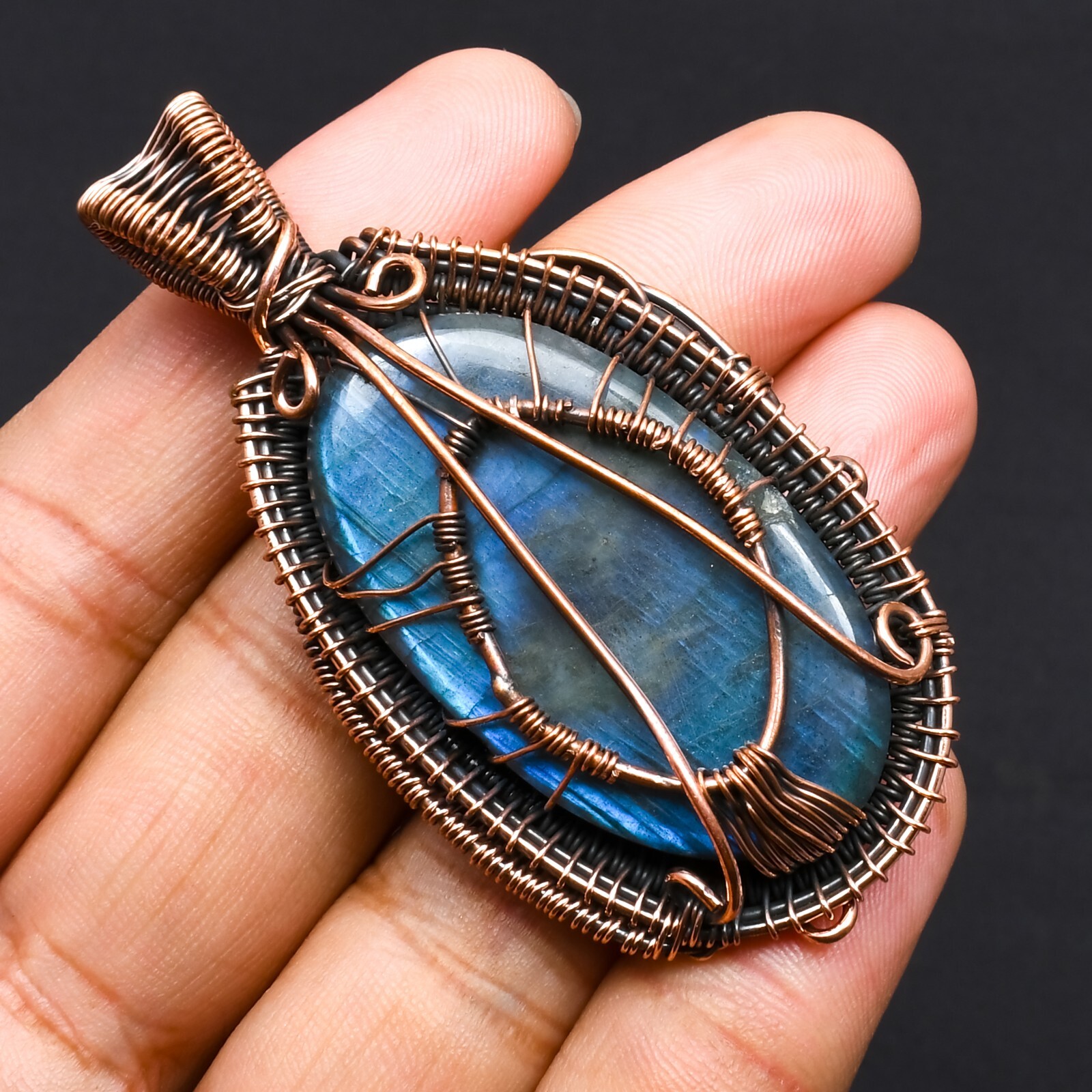 Blue Fire Labradorite Copper Wire Wrapped Pendant Jewelry Gift For Her CCP-099