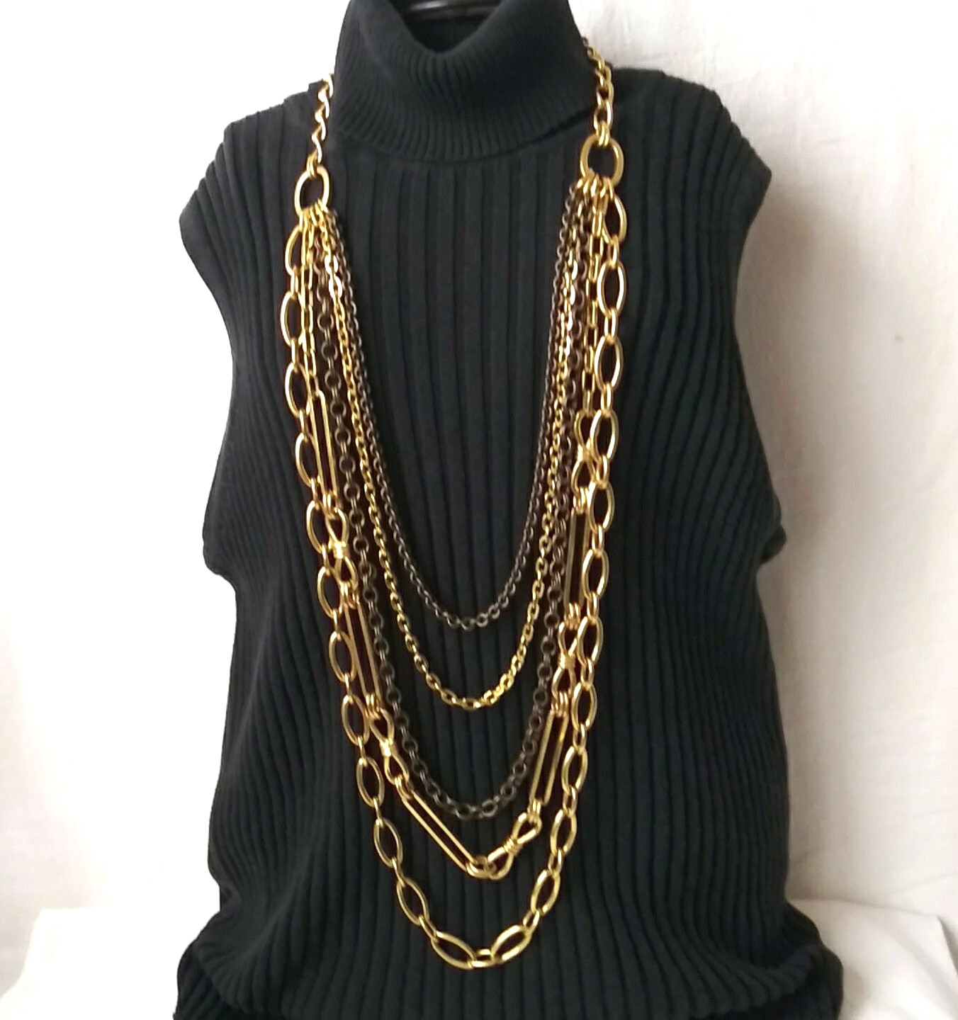 Heavy Gold Tone Multiple 5 Strand Layered Chain Statement Necklace Signed WORTH