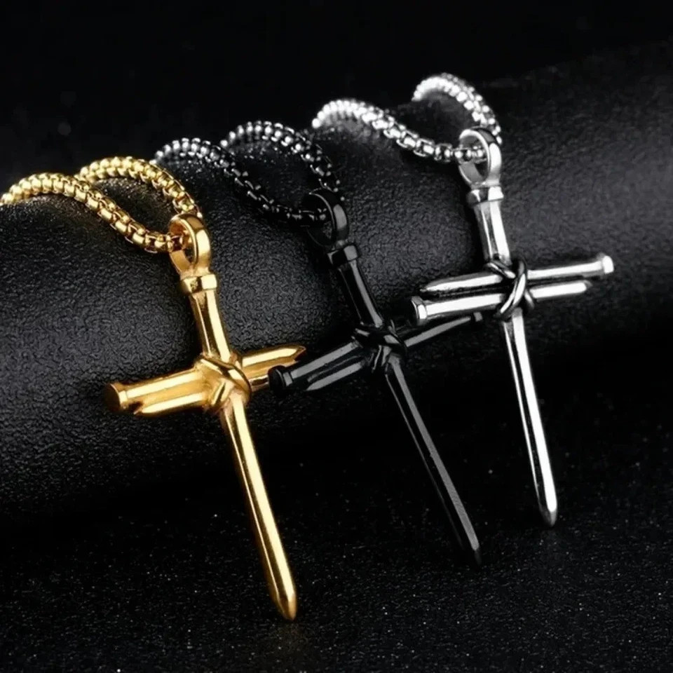 24″ Mens Stainless Steel Jesus Christ Nail Cross Crucifix Pendant Necklace Chain