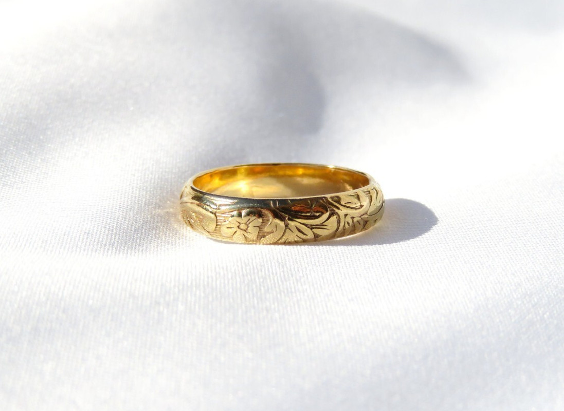 Thick Gold Ring, Gold Ring, Floral Ring, Vintage Ring, Wedding Band, Gold Filled