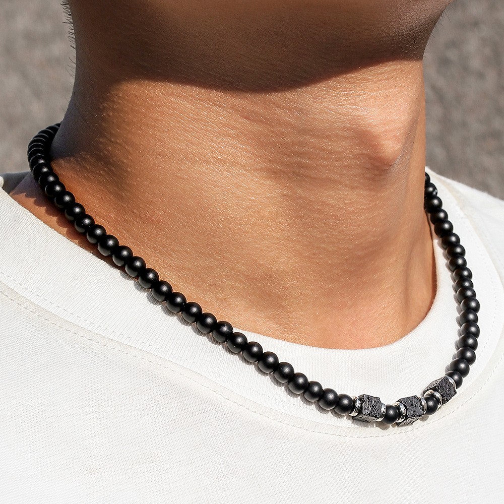 Mens Boho Necklace Natural Lava Stone Wood Beads Surfer Handmade Choker