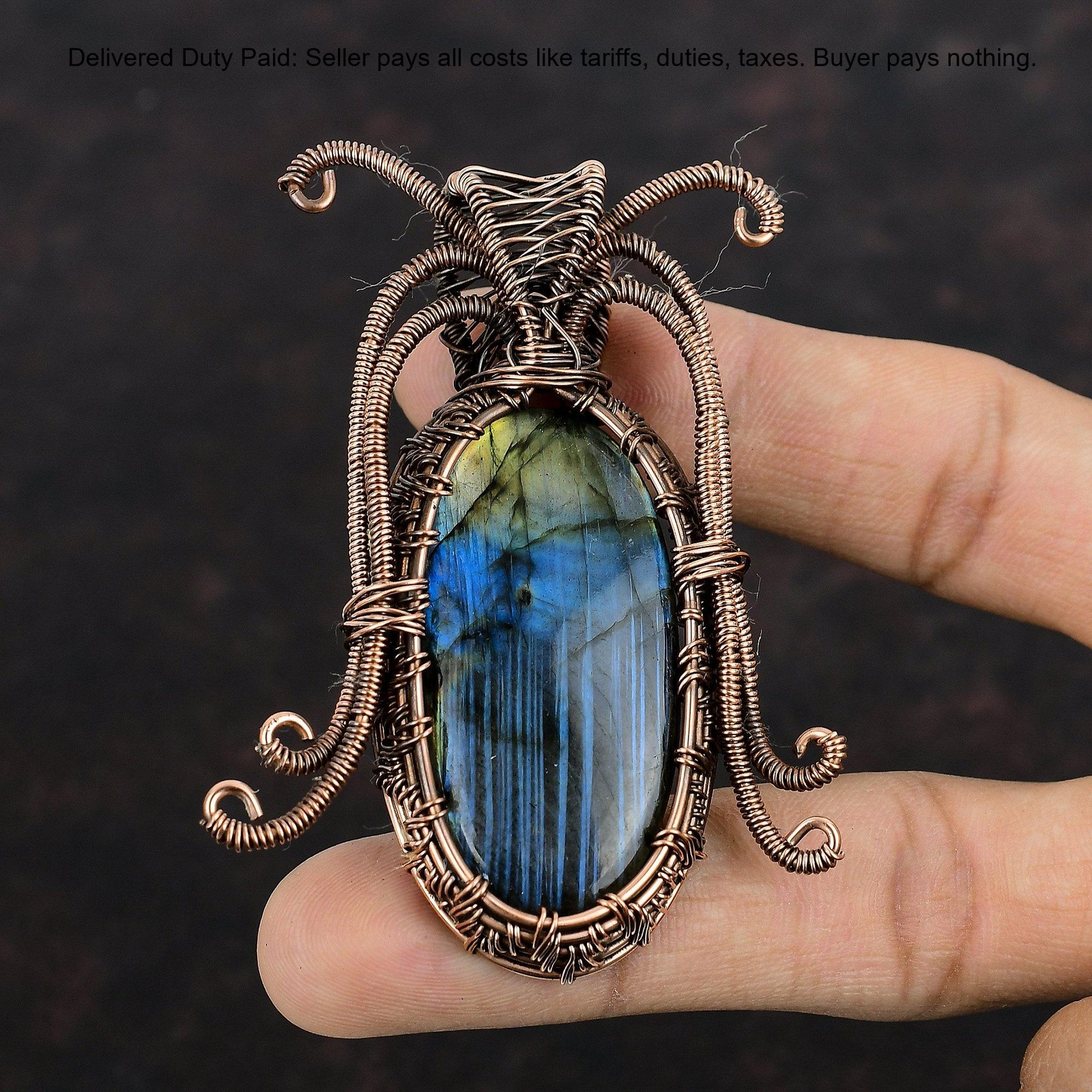 Copper Third Eye Chakra Labradorite Gemstone Unique Wire Wrapped Pendant Jewelry