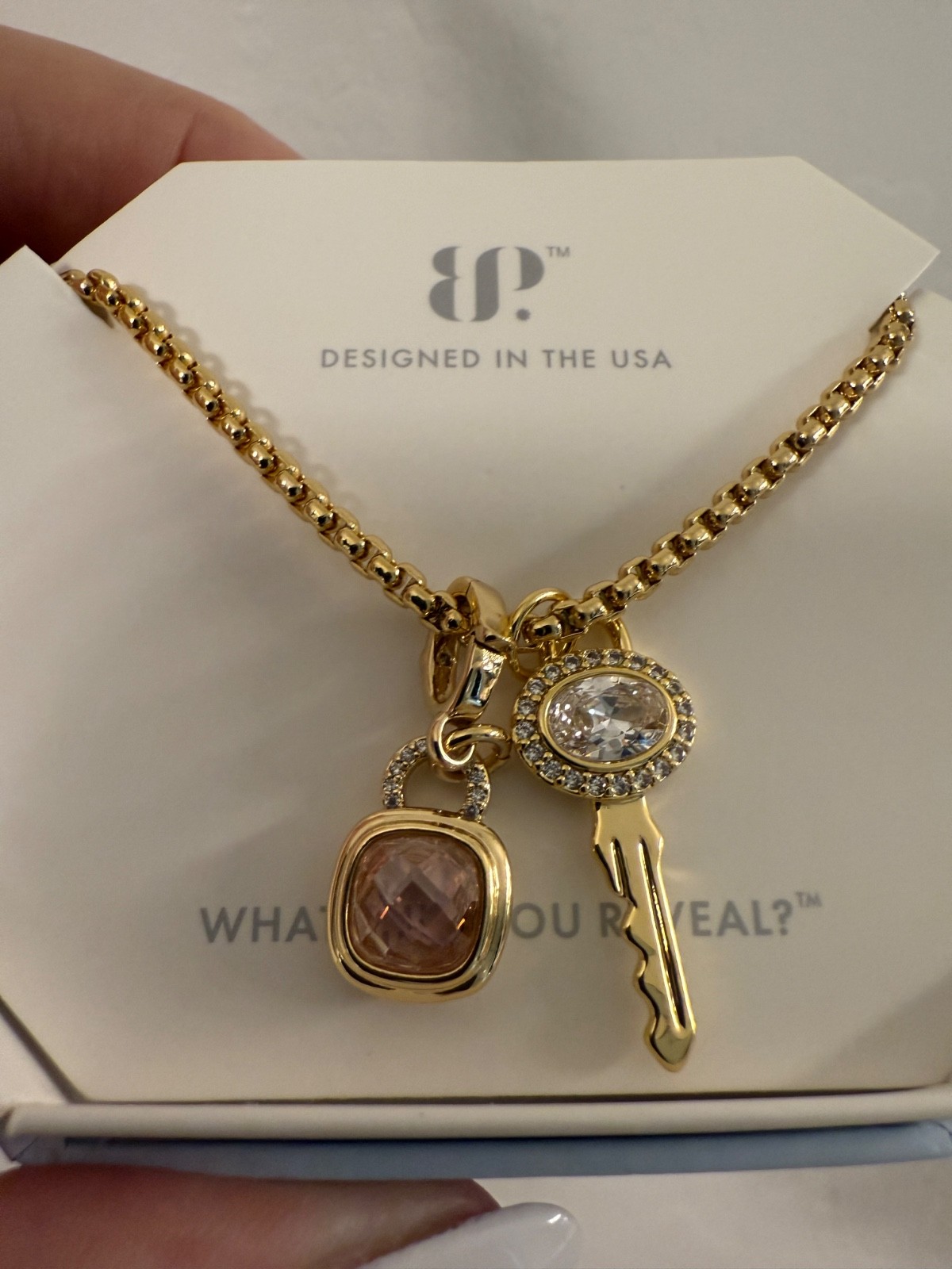 Bomb Party Necklace ‘The Key To Dreams’ Rose Quartz CZ Gold Lock & Key