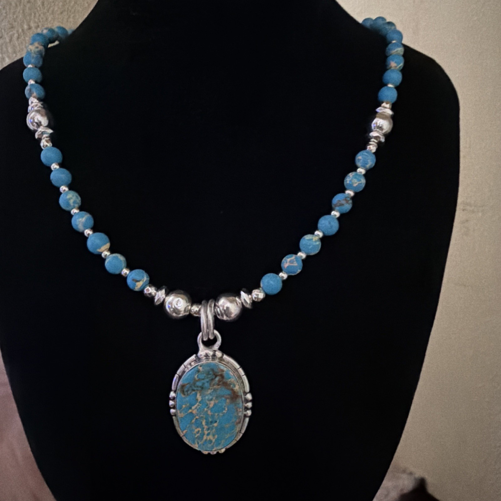 Blue Sea Sediment Jasper Necklace With 925 Silver Pendant, 18+ Inches