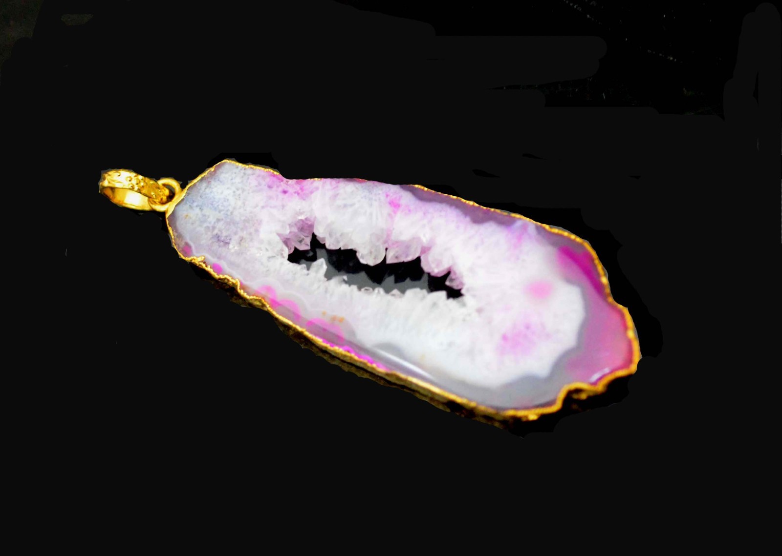 Handmade Dyed Pink Botswana Agate Gold Plated Druzy Pendant Women’s Jewelry-A747