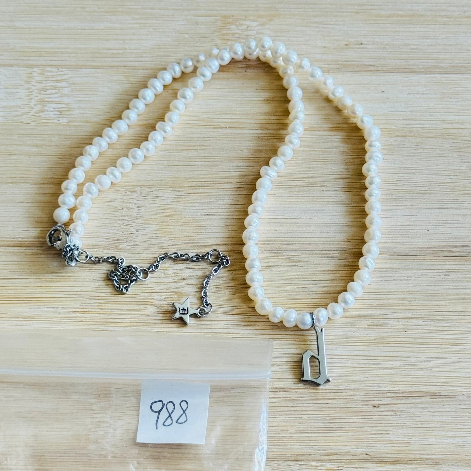 Dalmata Initial letter “d” Pearl Necklace Old English Pearl Goth Rockabilly 17″