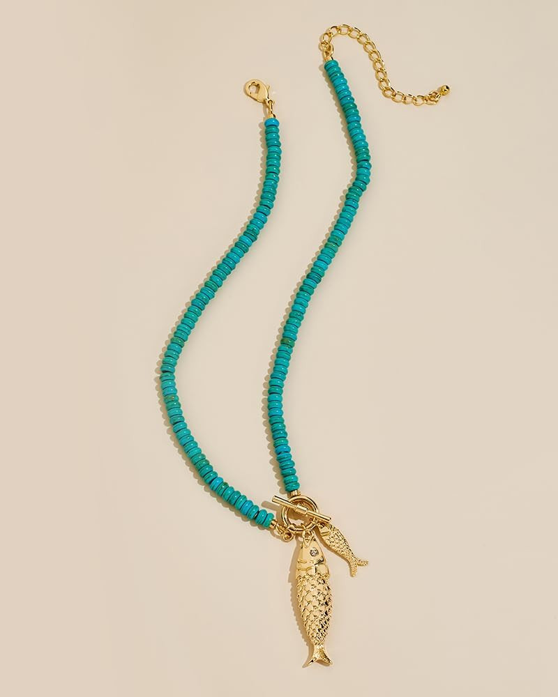 Chunky Gold Fish Pendant Necklace for Women Long Silk Scarf Turquoise Strand Nec