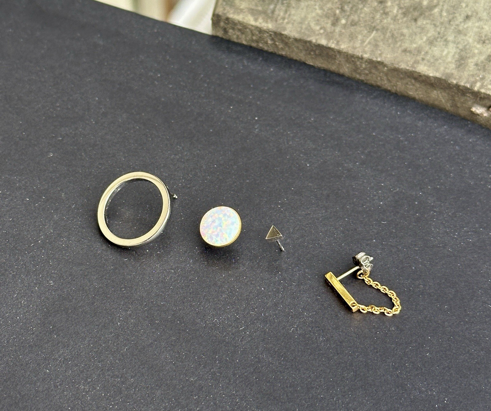 Lot of Tini Lux Single Earrings Opal, Circle, Triangle Stud, Silver Gold Chain