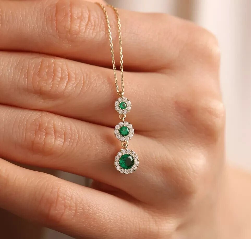 Three Stone Round Cut Simulated Emerald Flower Pendant In 14k Yellow Gold Plated