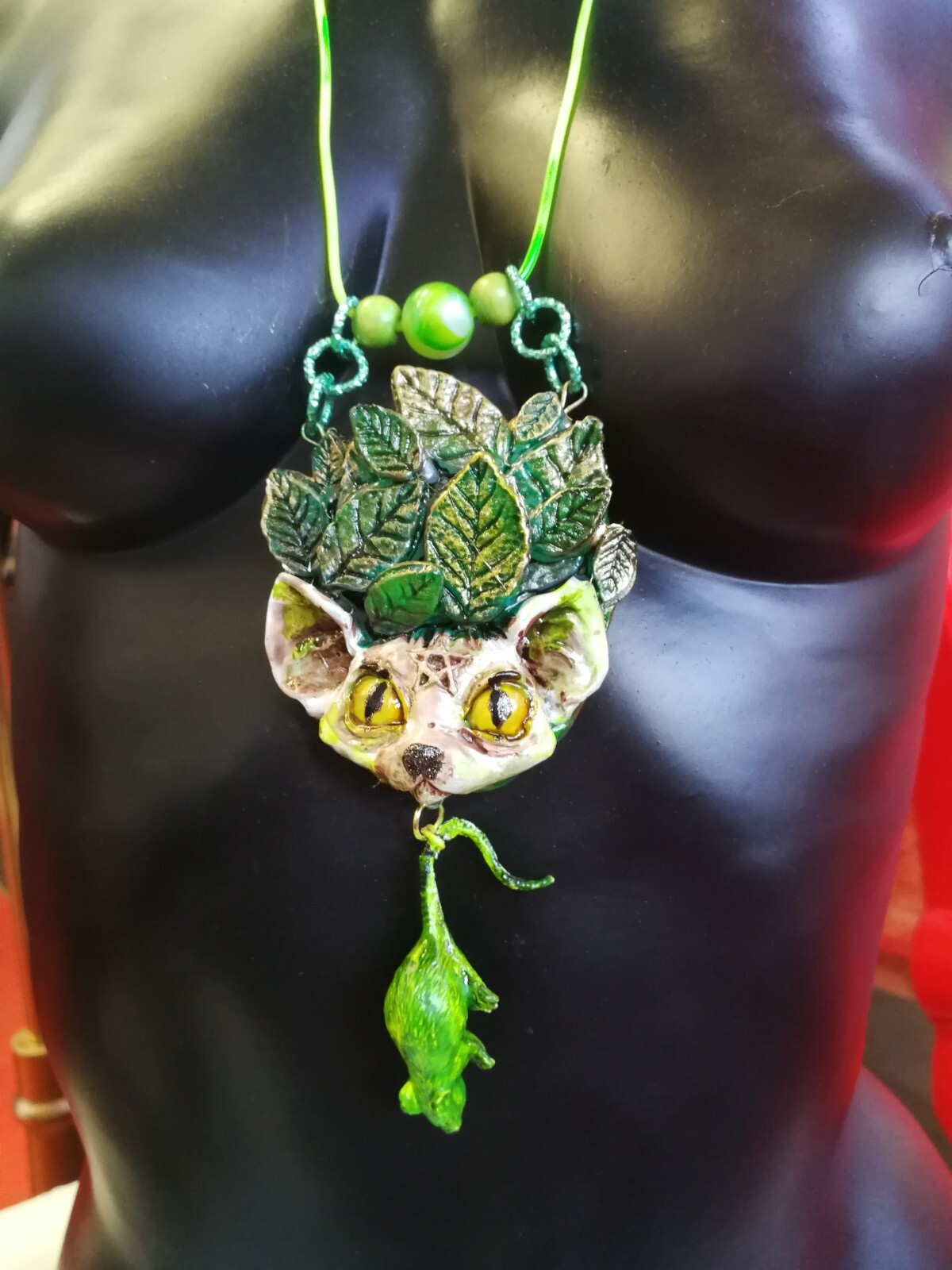 Green Witch Wicca Talisman Celtic Amulet Pendant Charm Forest Leaf Cat Nature