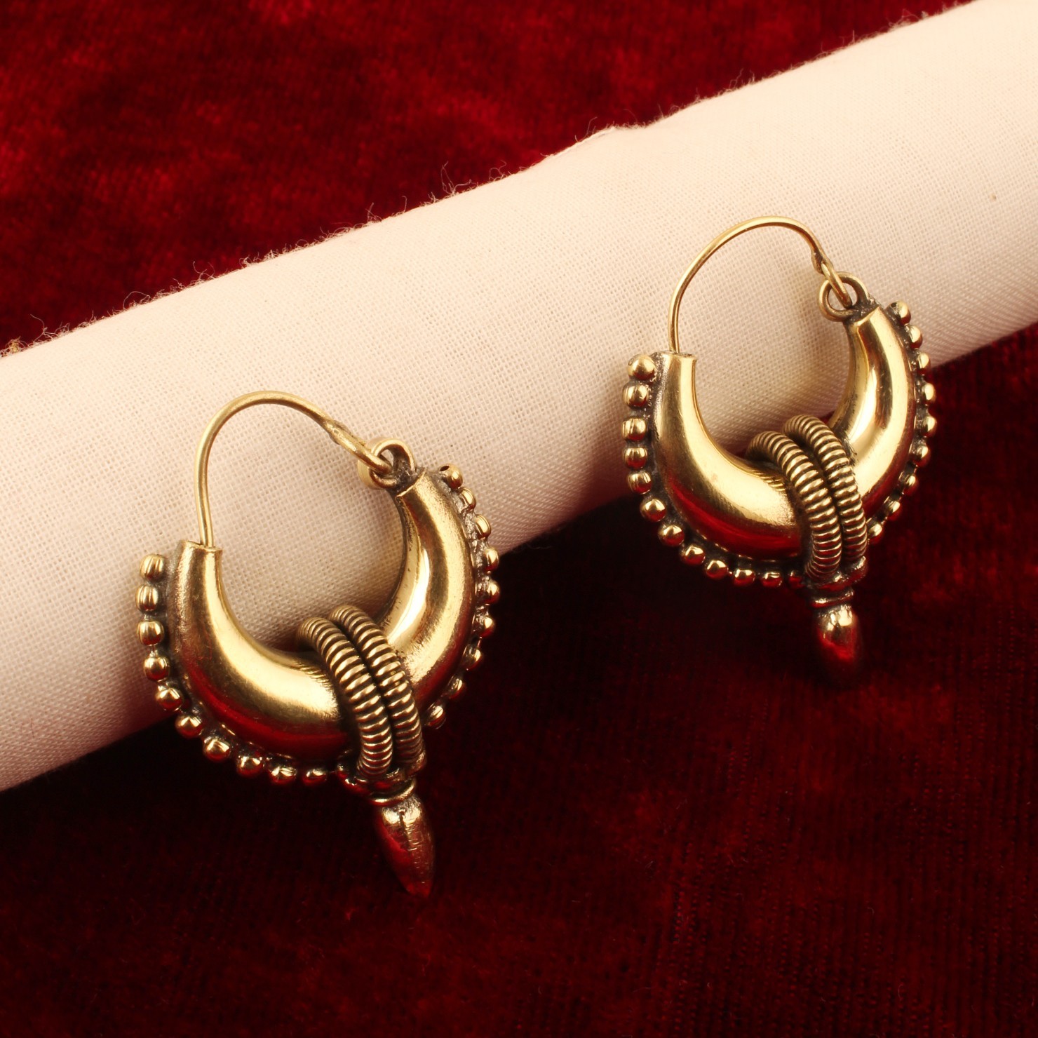Gold Plated Tribal Hoop Earrings for Women, Boho Crescent Hoop Dangle Earring