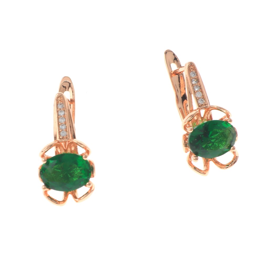 Rose Gold Tone Alloy Metal English Lock Cubic Zirconia Stud Earrings XPE1665-GRN