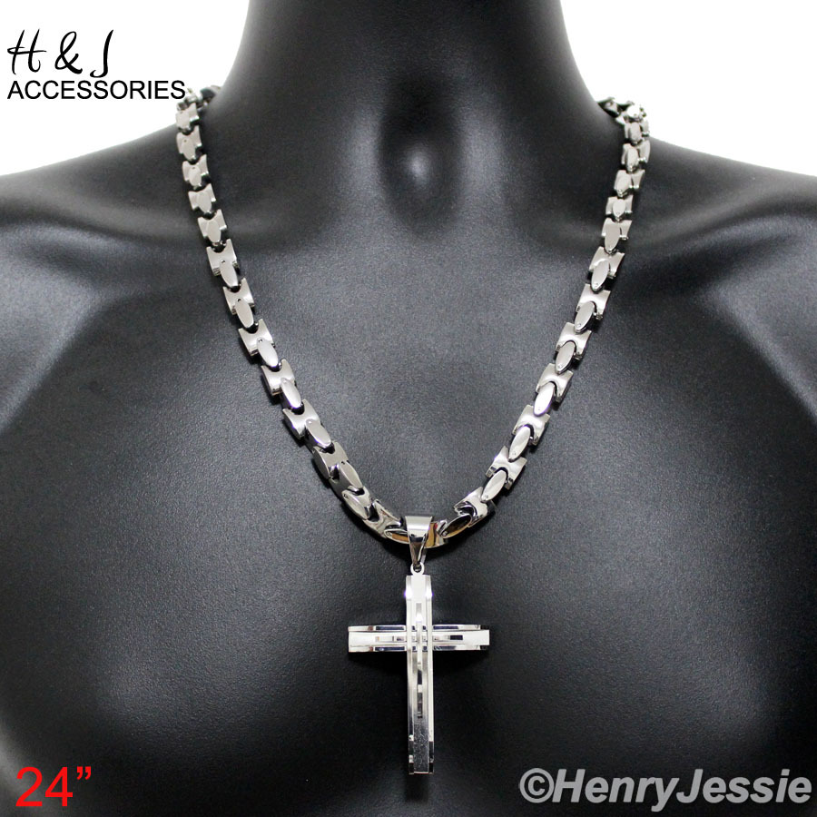 20″24″30″MEN Stainless Steel 8mm Silver Interlock Link Necklace Cross Pendant*A1