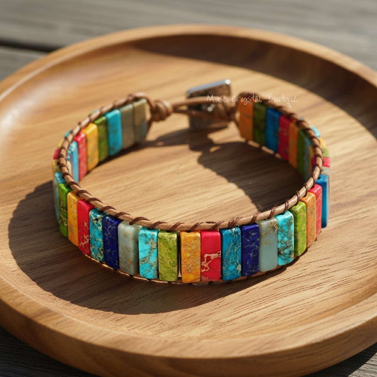 Rainbow Jasper 7 Chakra Crystal Bracelet Leather Healing Stone Bracelet Gift