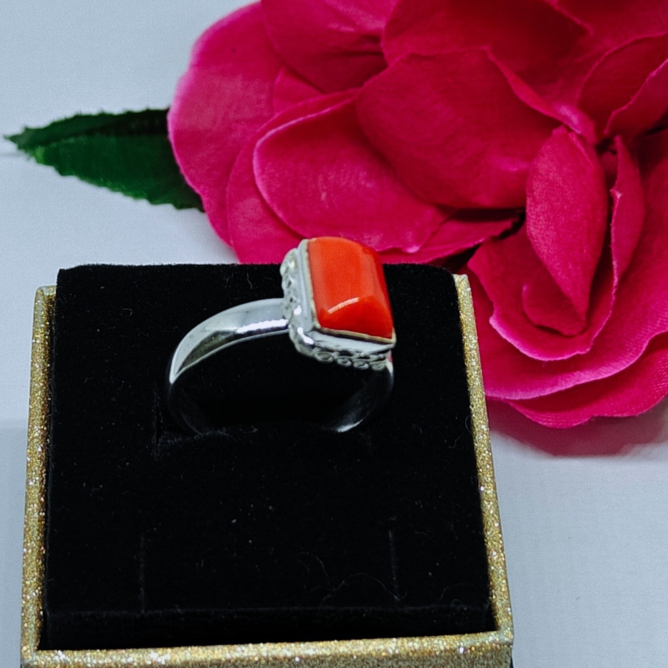 92.5 Sterling Silver Ring Red Coral Gemstone Adjustable Wedding Jewelry Gift.