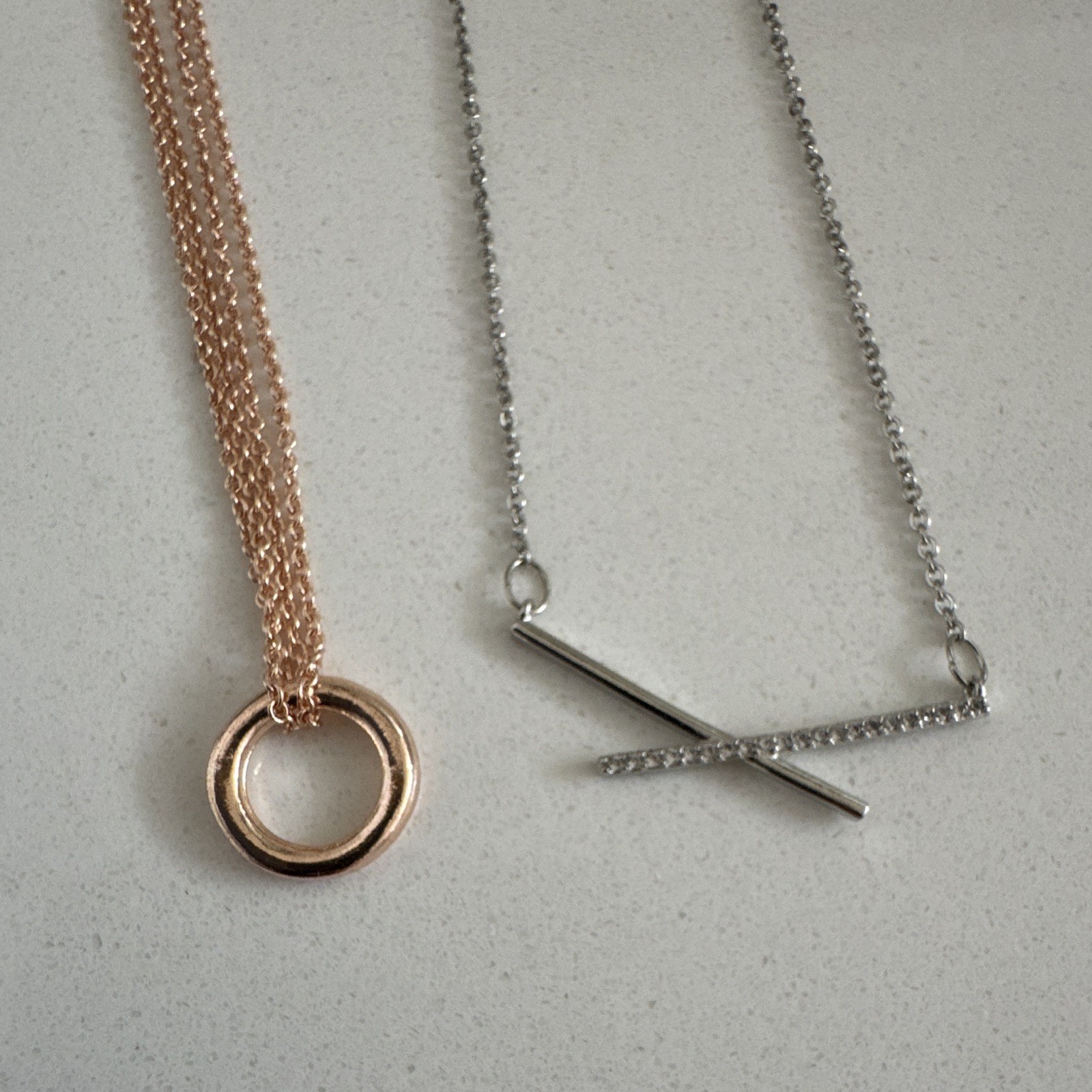 2pc Cable Chain Necklaces Circle & Bar Pendants Crystal Rose Gold/Silver 9” long
