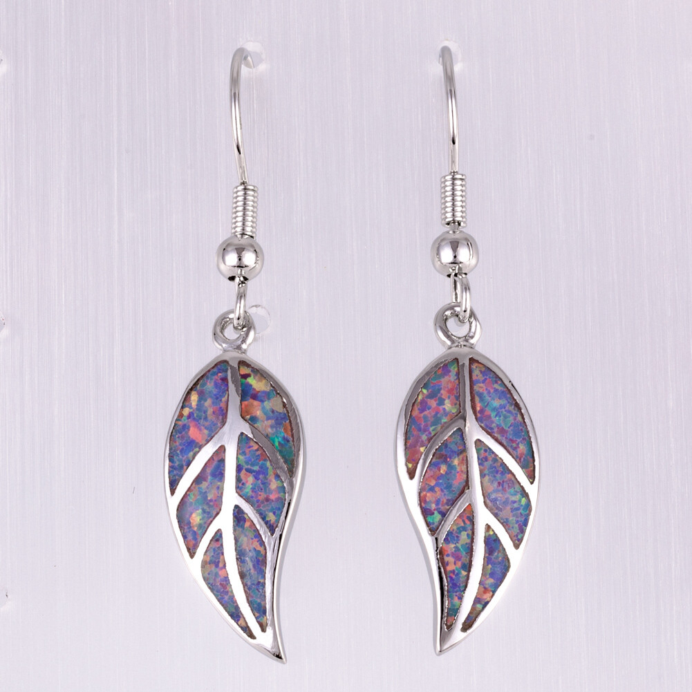 Nature Leaf Shape Lavender Purple Fire Opal Silver Jewelry Dangle Drop Earrings
