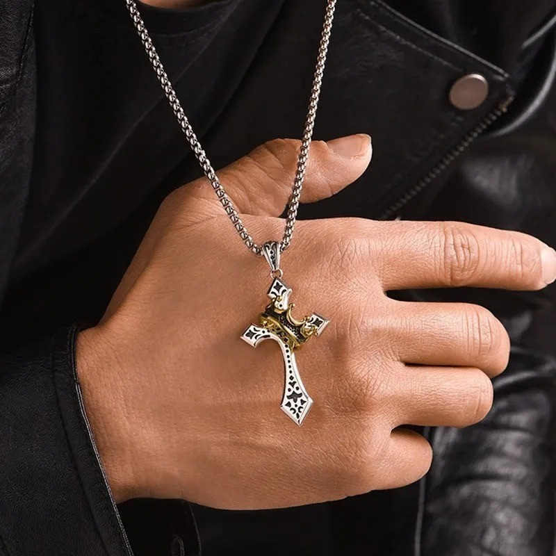 Mens Stainless Steel Cross Necklace with Gold Crown Pendant Christian Jewelry US