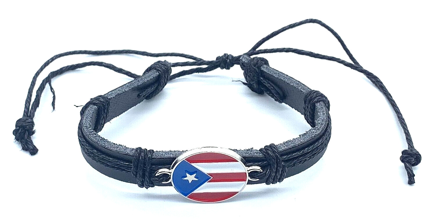 puerto rico Round Medal Black Leather Handmade Bracelets adjustable 7in-11in