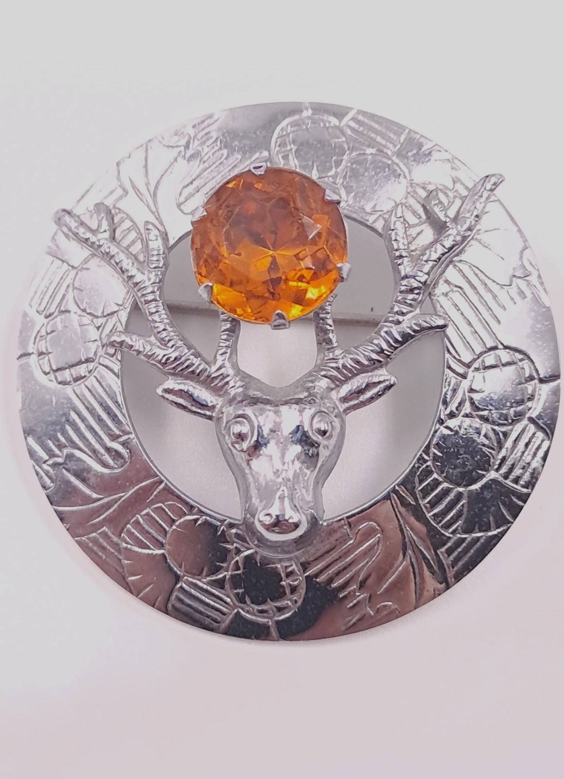Vintage Mizpah Brooch Celtic StyleSilver Tone Brown Glass Centre 45mm Diameter