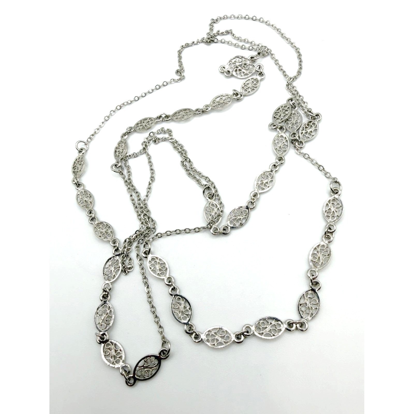 Long Silver Filigree Chain Layering Necklace 44″ Delicate Continuous Strand