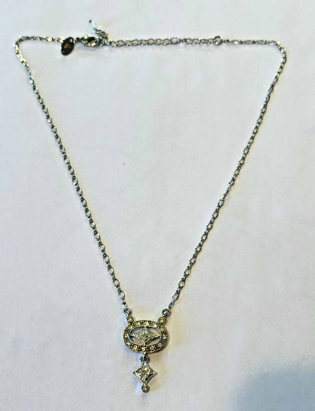Lia Sophia Silver Tone Pendant Necklace Rhinestone Dangle Adjustable Chain