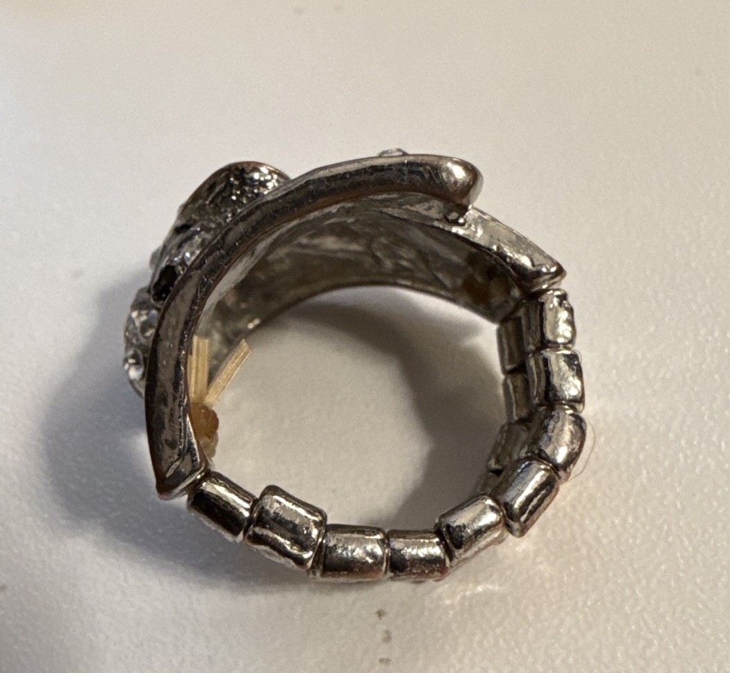 Silver Tone Adjustable Wrap Cocktail Ring Size 9 Clear Rhinestones Black Accents