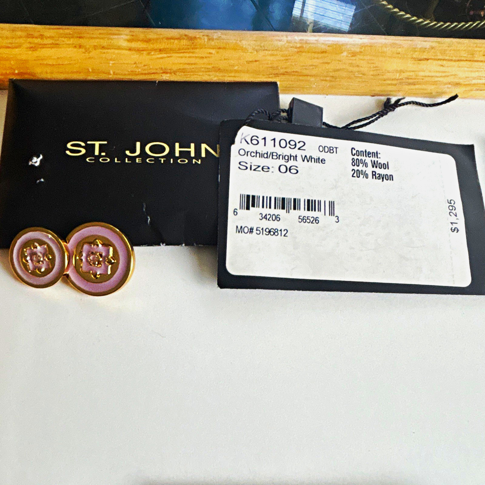 St. John Gold Tone Stud Earrings Purple White Clear Crystal Round Butterfly