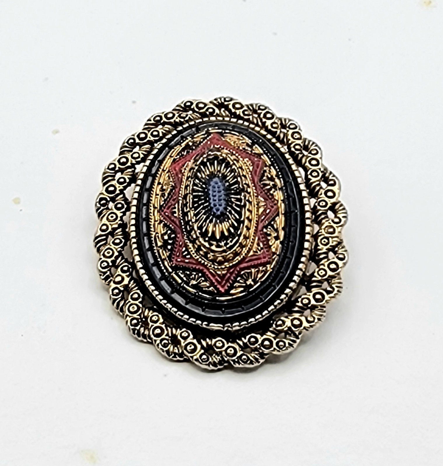Sarah Coventry Brooch/ OR Pendant Gold Tone Red Black Enamel Oval Dome Detailed