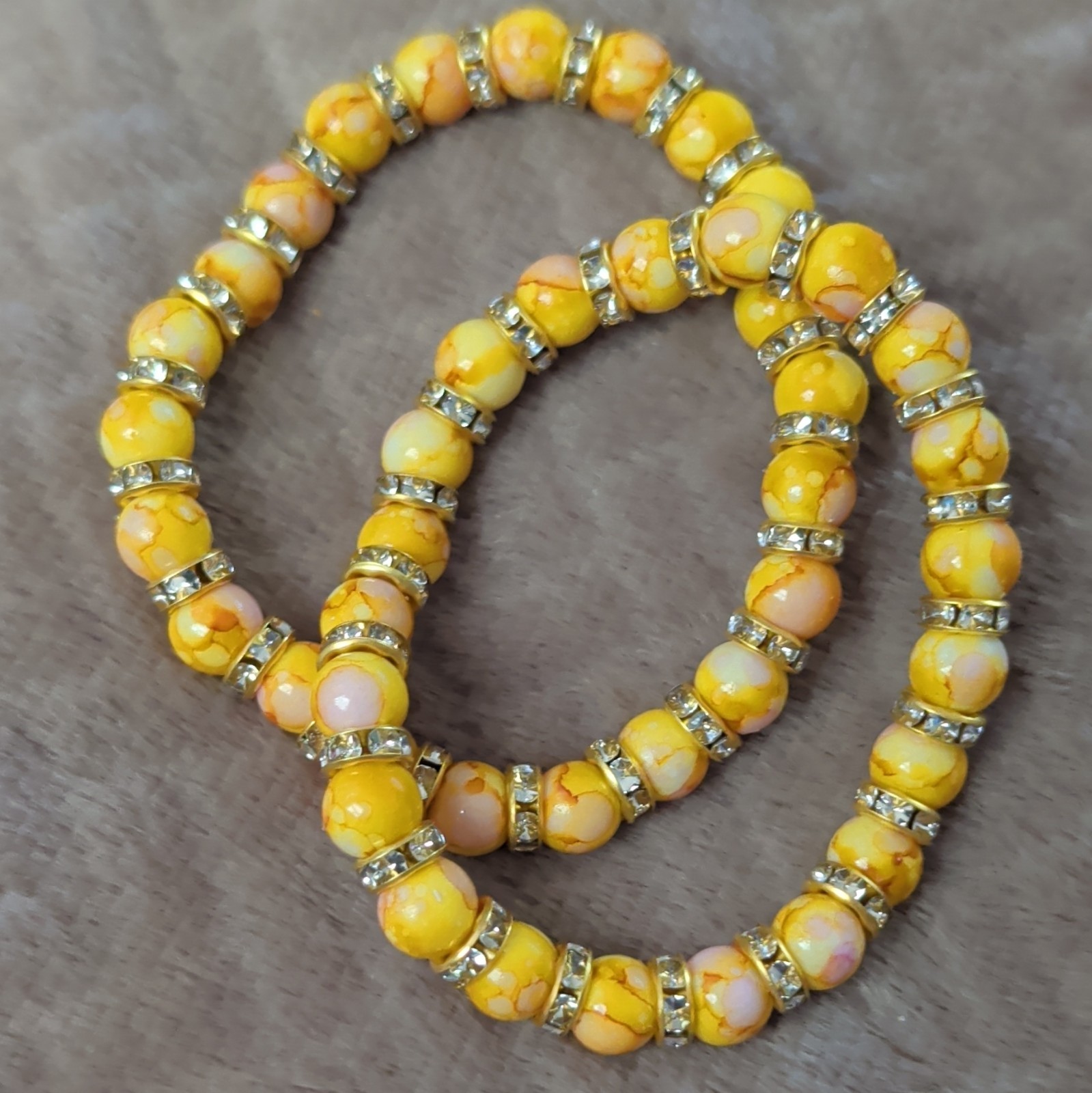 Yellow/Pink Round Beaded Stretch Stackable Bracelet w/ Rhinestone Spacer Rings