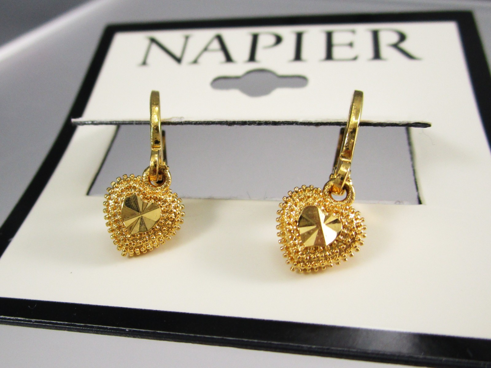 NWT NAPIER 3/4″ Gold Tone Dangling Etched Heart Leverback Pierced Earrings 179L