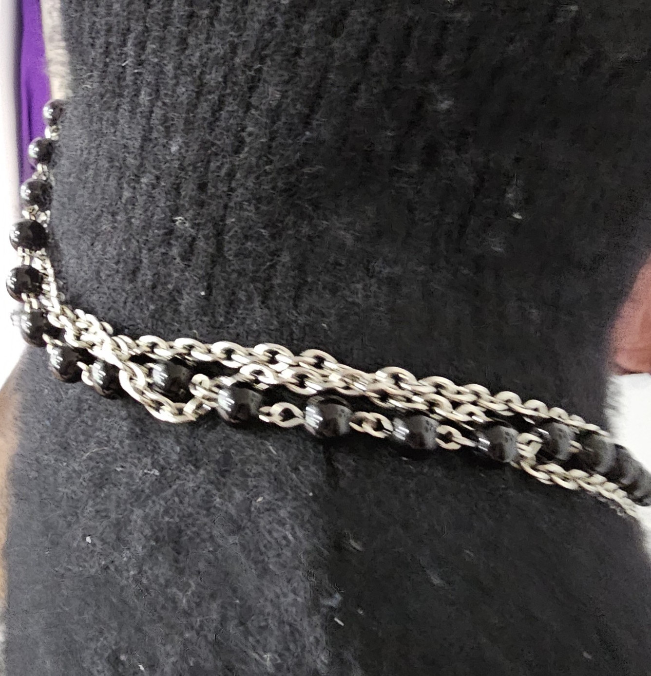 Silver Tone Black Flower Statement Necklace Layered Chain Floral Crystal Accent