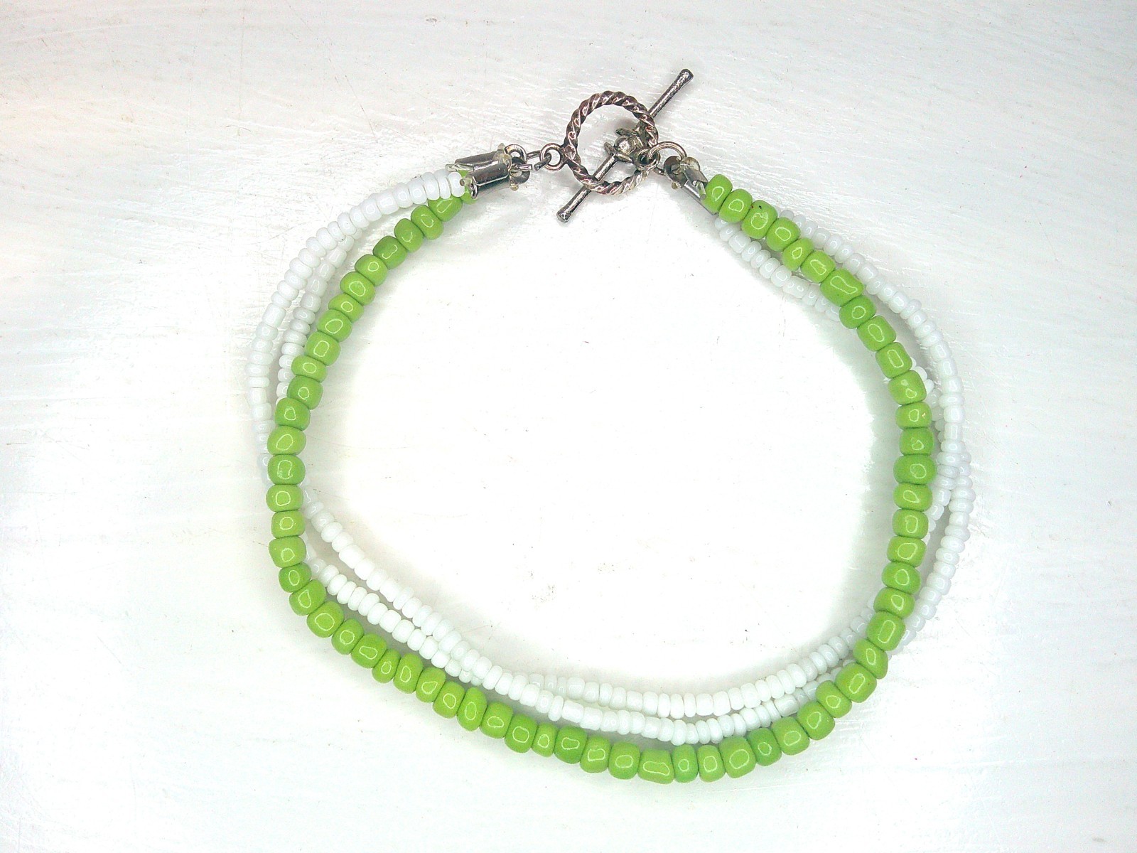 Green White Bracelet Handmade MultiStrand Ceramic Beaded Colorful 9 in Plus Size