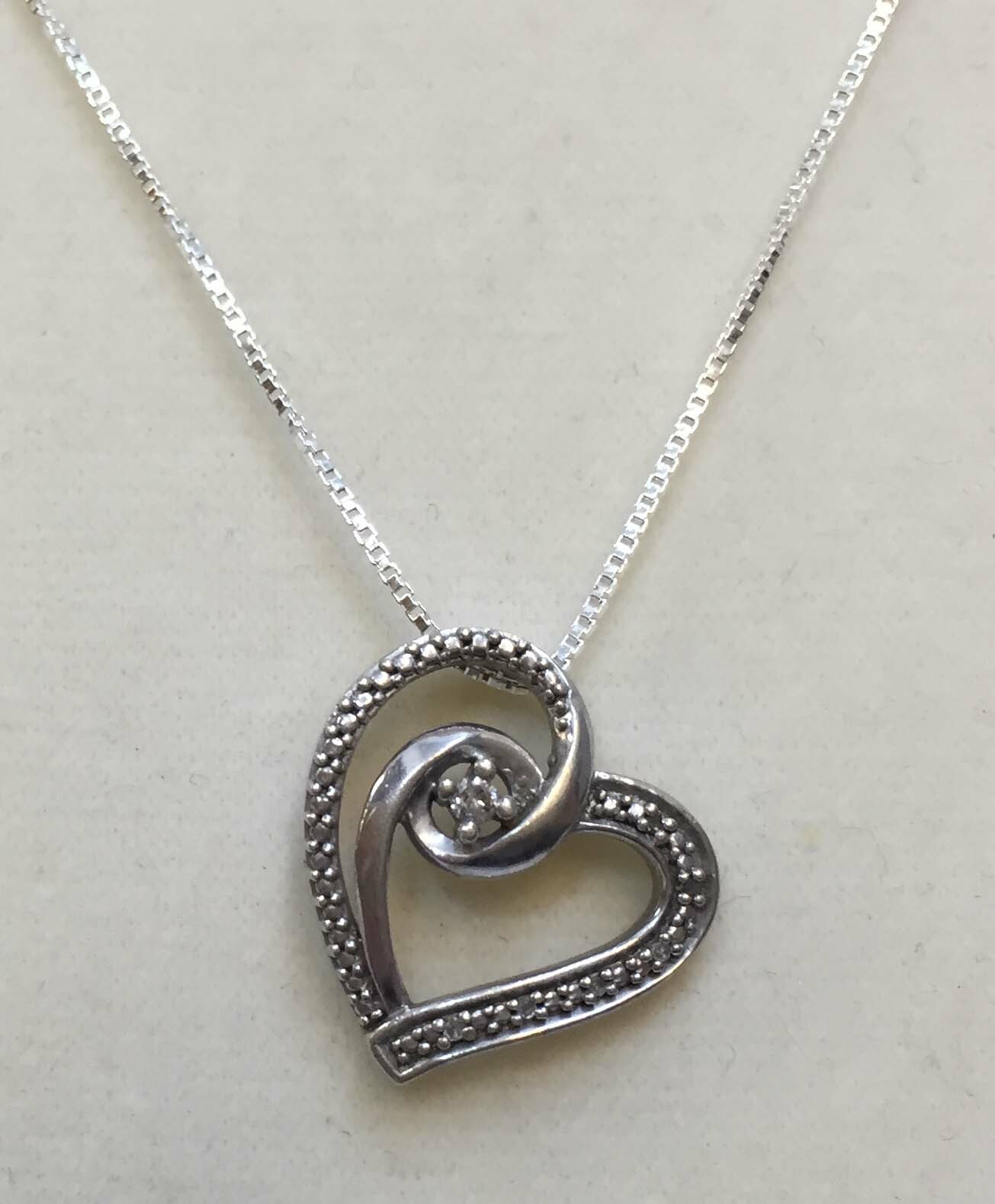 Heart Pendant w/ Diamond Sterling Silver 925 18″ Box Chain Rishi Alexander