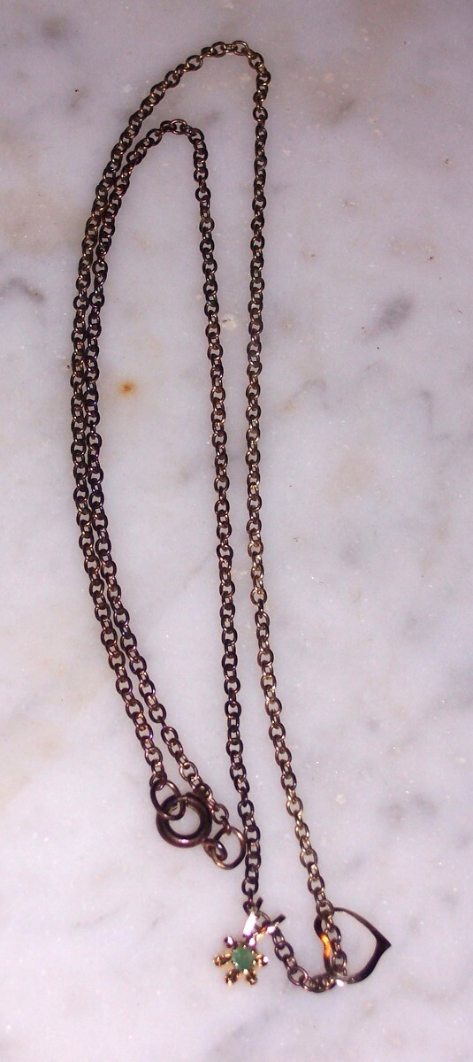 2 Pendants on gold tone chain – No Mark – Heart & Green Prong Set Stone #N378