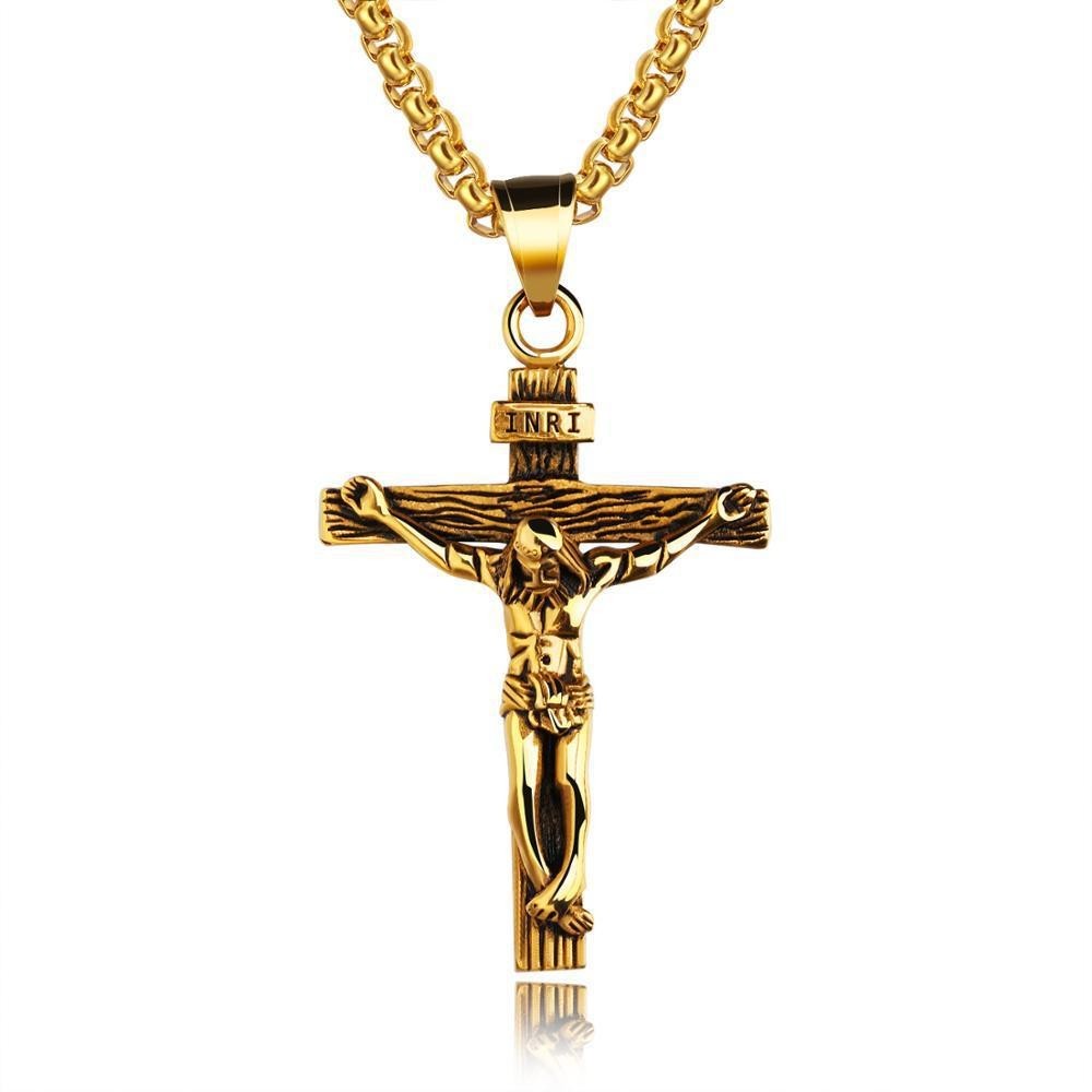 Mens Crucifix Cross Pendant Necklace Box Chain Christian Jesus Religious Jewelry