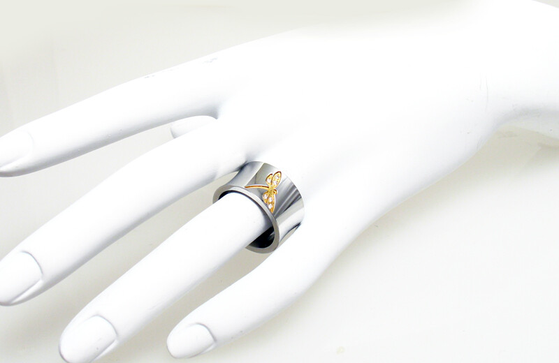 Stainless Steel Concave Micro Paved CZ Gold Plated Dragonfly Design Band Ring