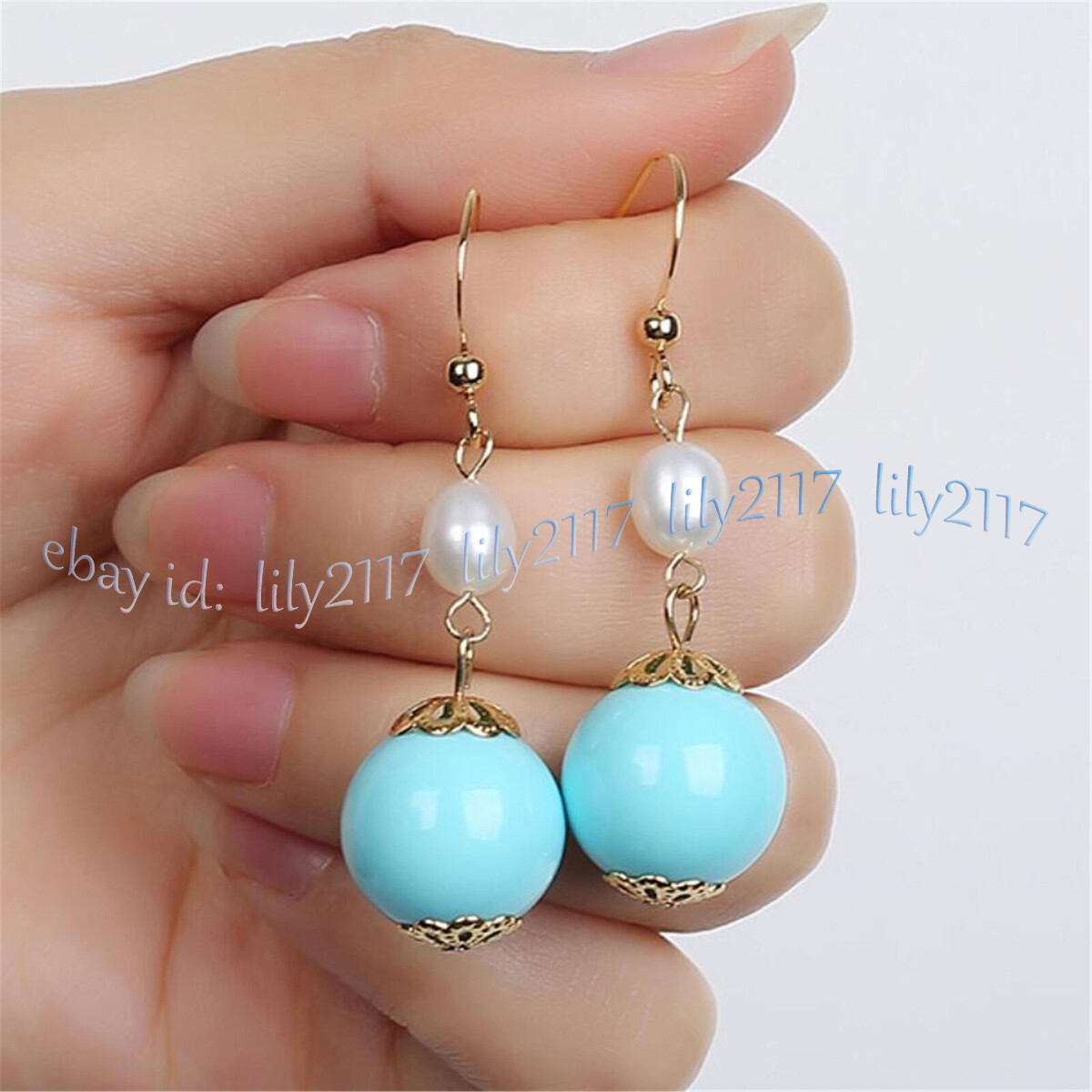 12mm Blue Turquoise Round Gemstone 6-7mm Natural White Pearl Dangle Earrings