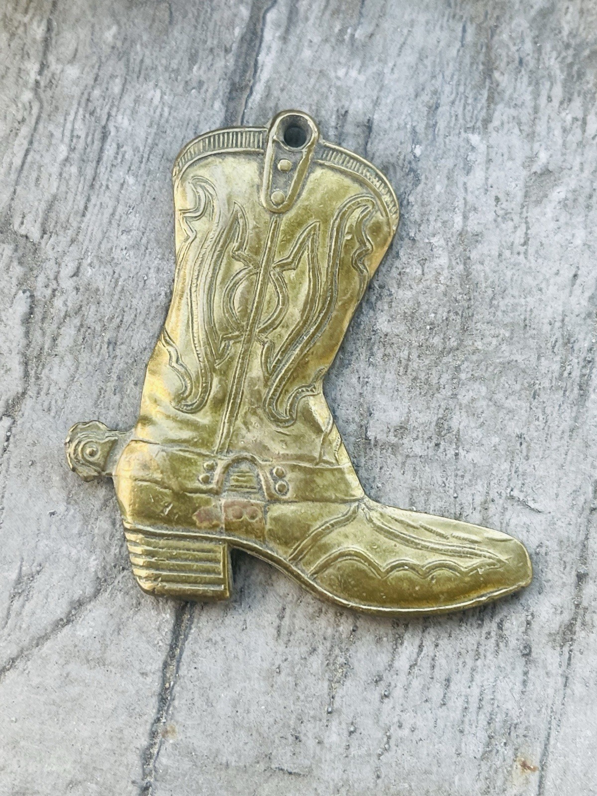 Vintage Western Cowboy Boot w/ Spur Solid Brass Pendant Jewelry 2″ 80’s
