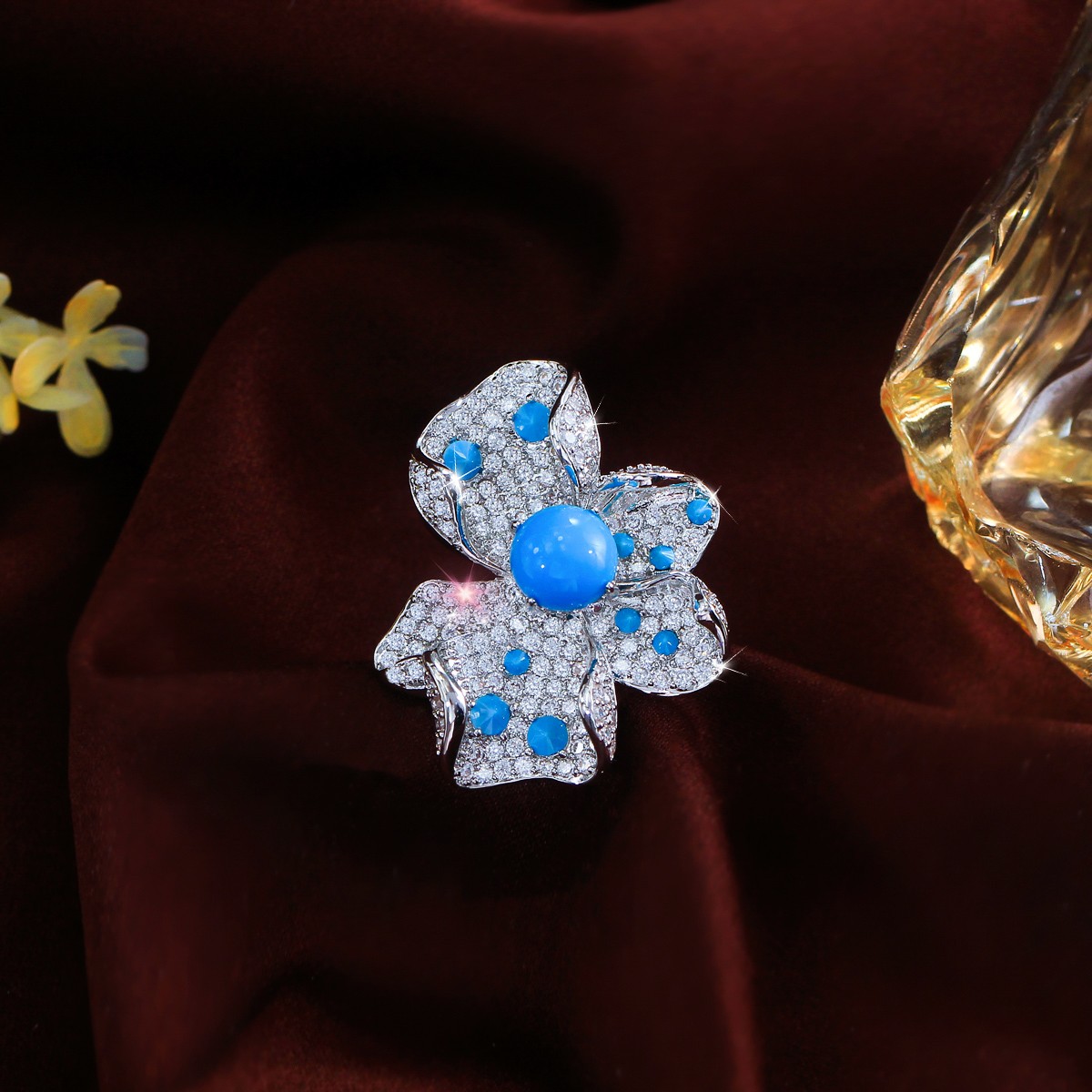 Unique Silver Plated Blue Turquoise CZ Zirconia Big Flower Adjustable Ring Women