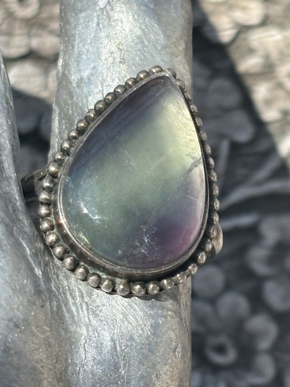 Handmade sterling silver bezel set fluorite gemstone ring size 10