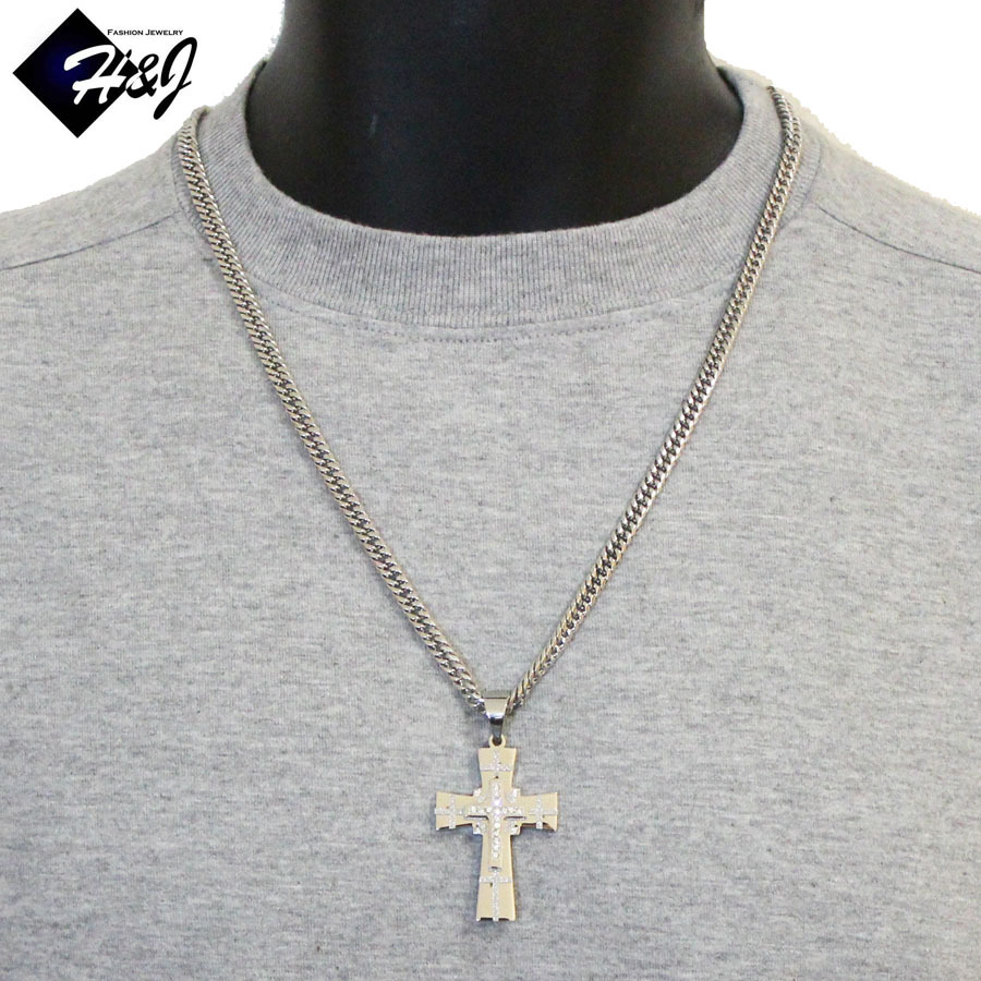 24″MEN Stainless Steel 6mm Silver Miami Cuban Curb Chain Icy CZ Cross Pendant*SN