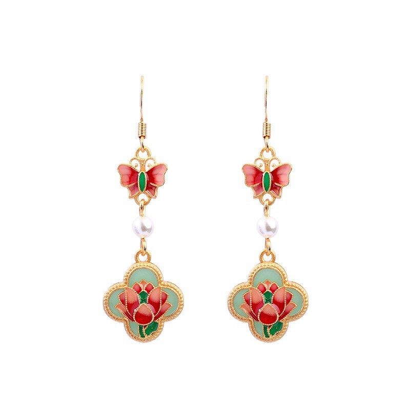 Jade Pearl Dangle Earrings Boho Butterfly Flower Dainty Gemstone 18K Gold Plated