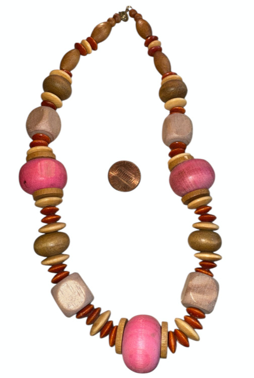 Beachy Boho Modern Brown Wood Beaded Bold Chunky Necklace 9″ Dia.