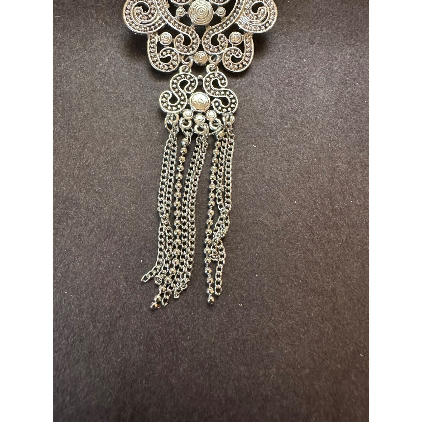 Antiqued Silvertone Filigree Necklace With Tassel Design Hearts S’s Scrolls