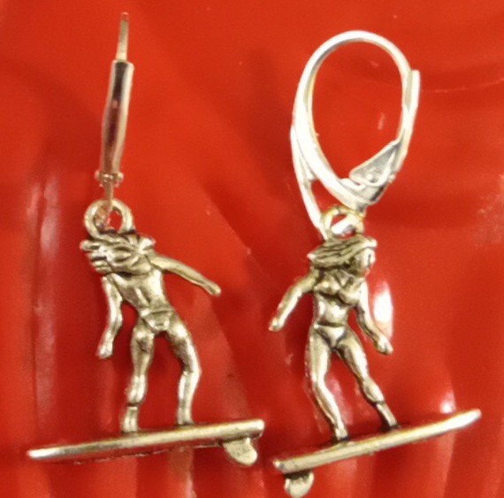 925 Sterling Silver Filled Surfer Bikini Girl Surf Board Charm Lever Earrings
