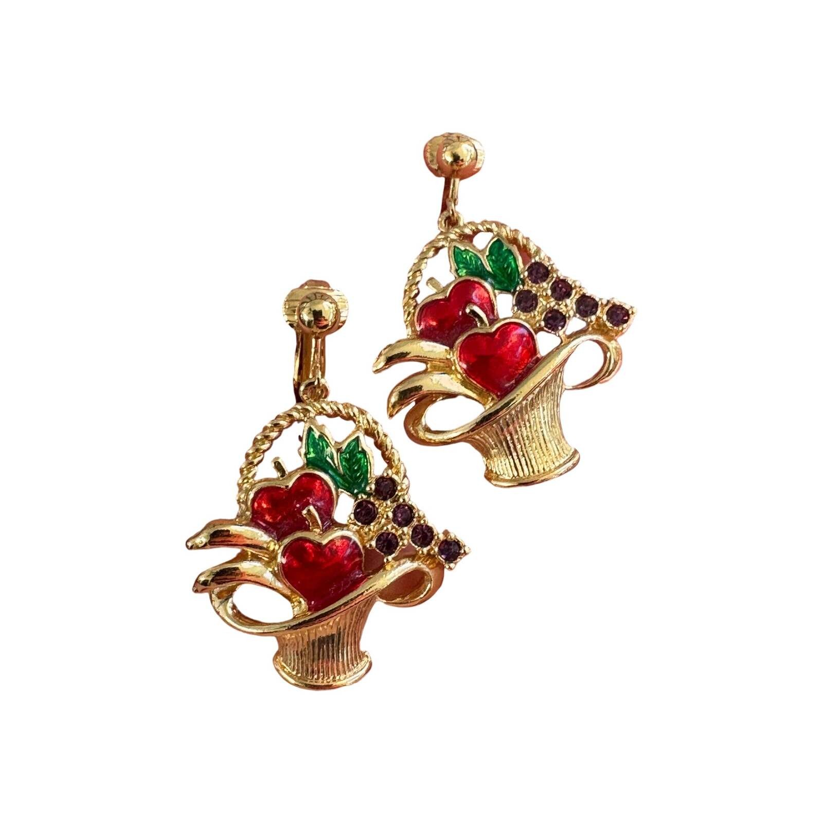 Vintage Avon Fruit Basket Clip-On Earrings Gold Tone Enamel Cherry Grape